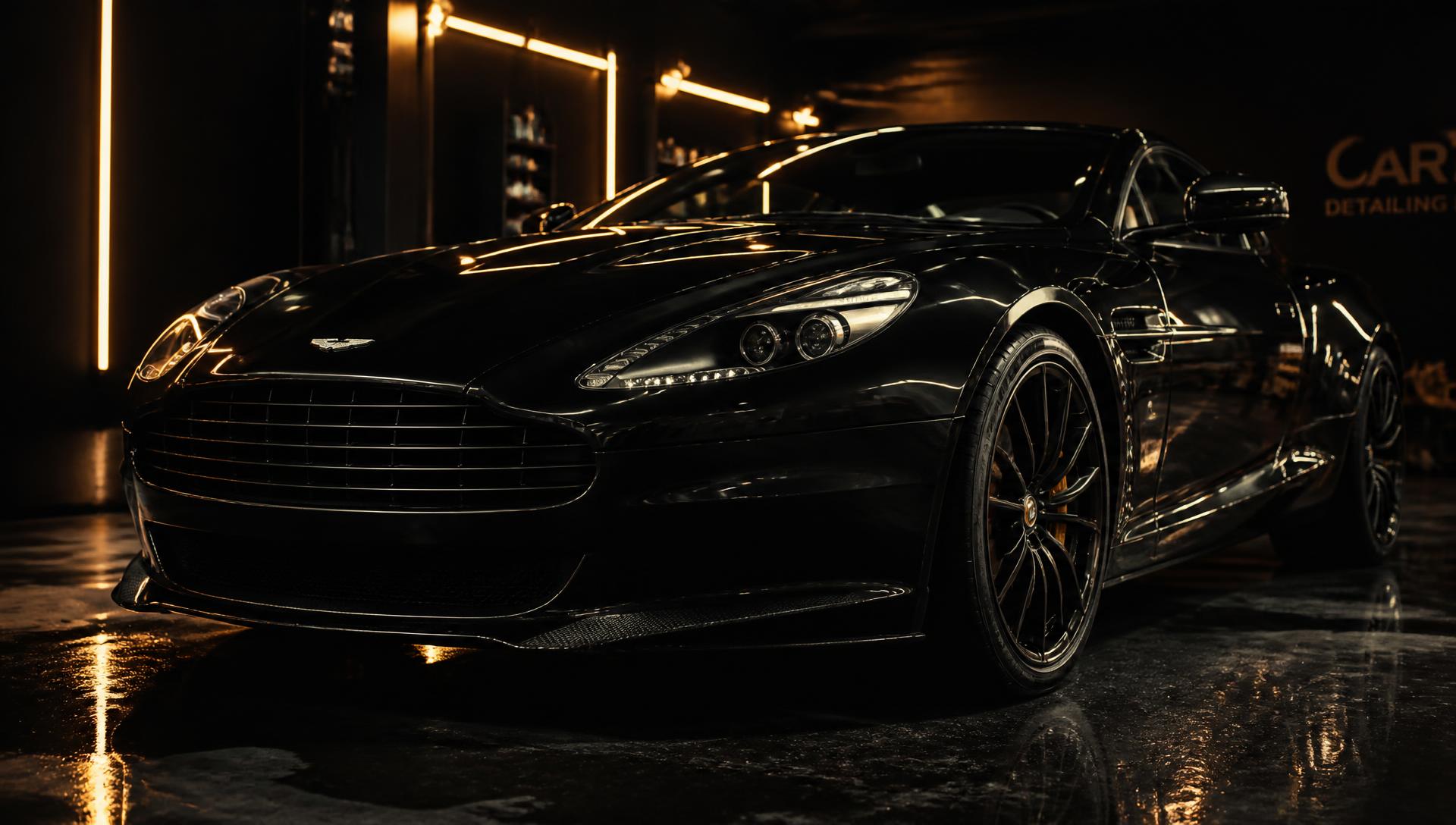 Black luxury sports car with a mirror finish inside a detailing studio